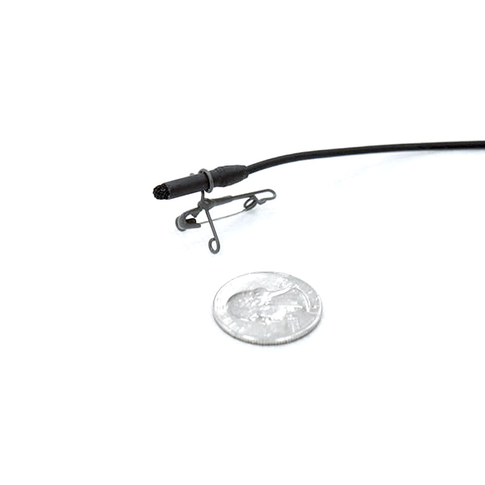 Small safety pin attached to black cable, shown next to a coin for scale