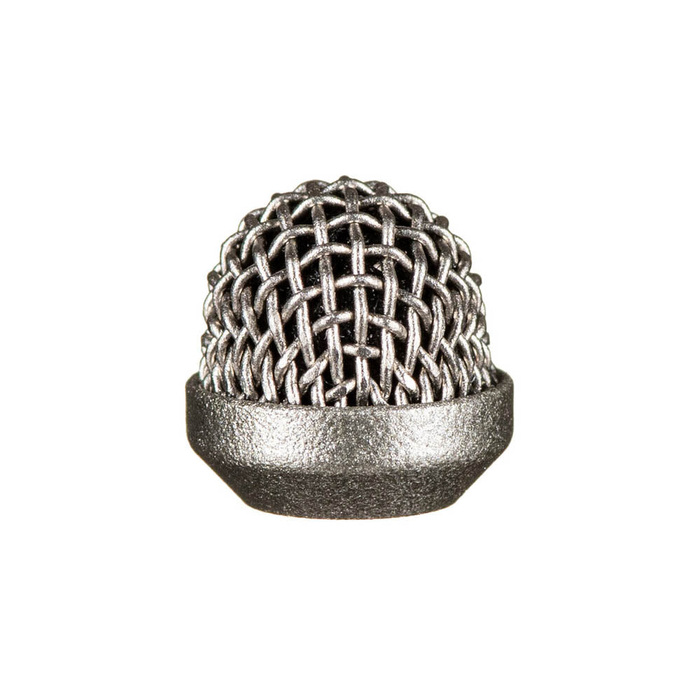 Metal microphone windscreen with silver mesh cap and dark rim