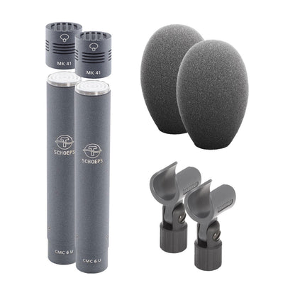 Schoeps MK 41 stereo microphones with CMC 6, foam windscreens, and mounts