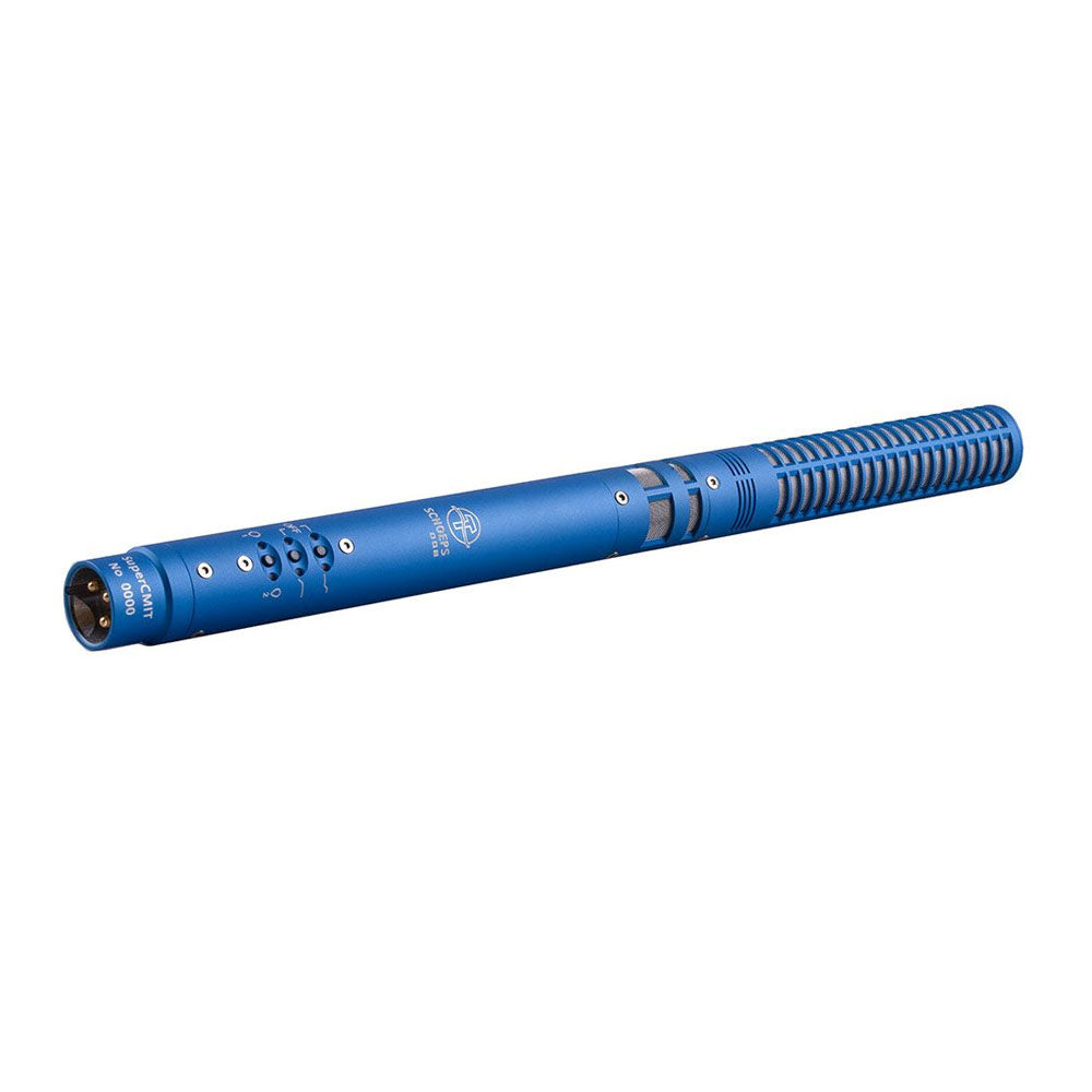 Blue digital shotgun microphone close-up with vented barrel and connector end