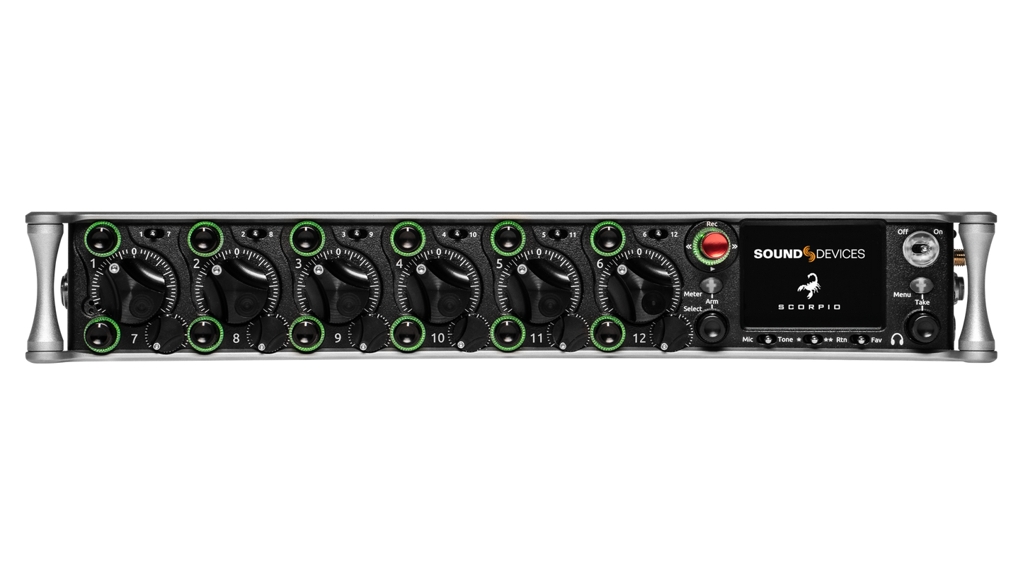 Sound Devices Scorpio audio unit front panel with green-lit controls