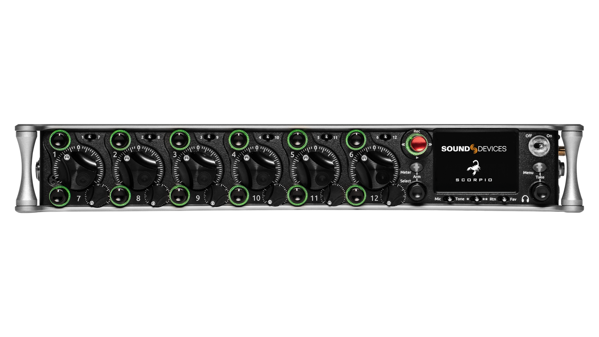 Sound Devices Scorpio audio unit front panel with green-lit controls