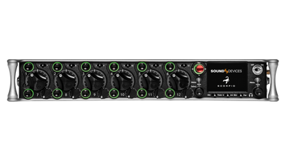 Sound Devices Scorpio audio unit front panel with green-lit controls