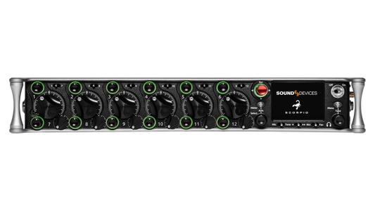 Sound Devices Scorpio audio unit front panel with green-lit controls
