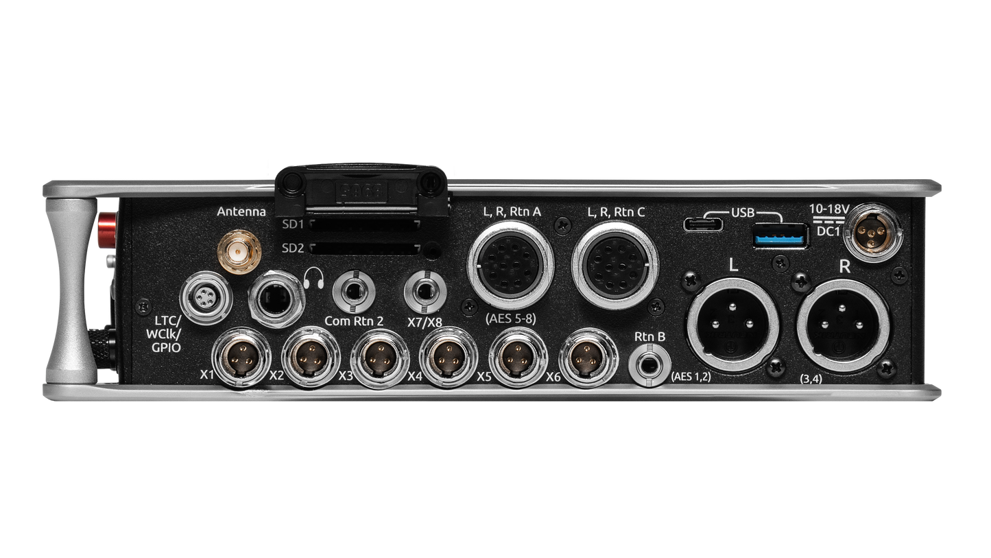 Audio interface rear panel with labeled ports and connectors