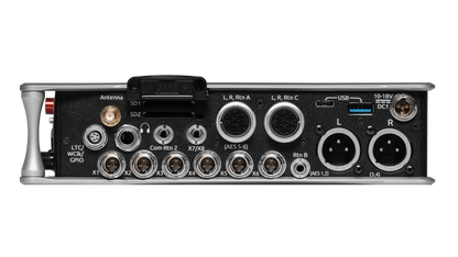 Audio interface rear panel with labeled ports and connectors