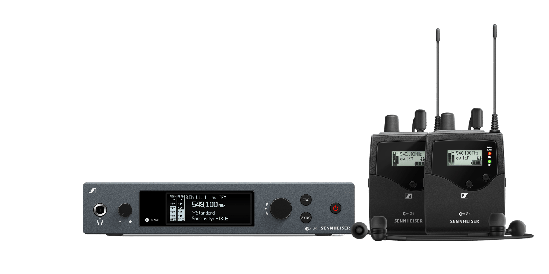 Sennheiser twin IEM wireless receiver with two antennas and dual display screens