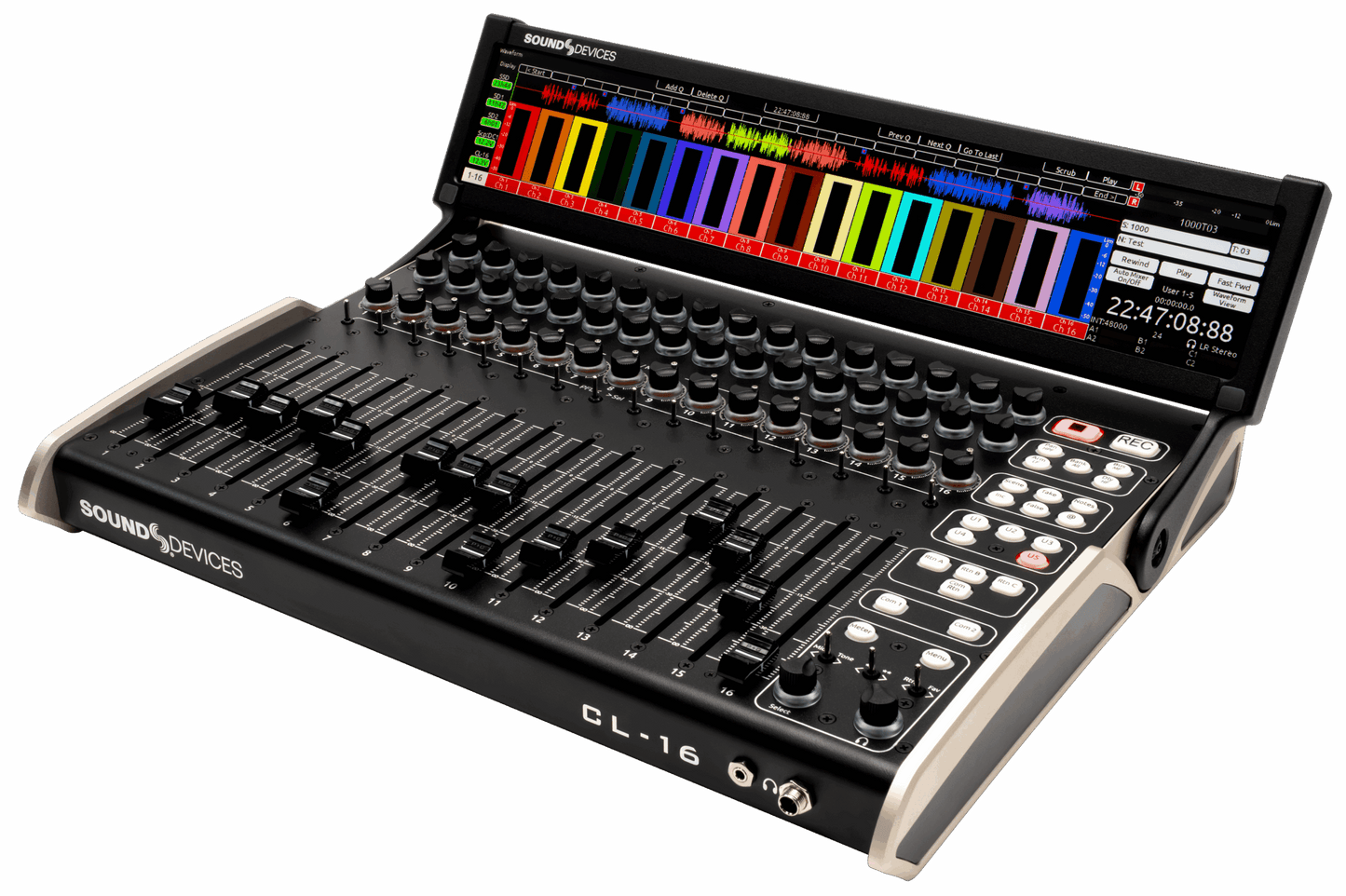 Audio mixing console with knobs, sliders, and button controls