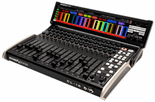 Audio mixing console with knobs, sliders, and button controls
