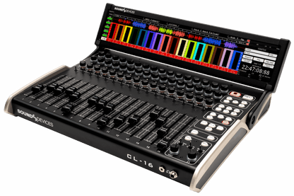 Audio mixing console with knobs, sliders, and button controls