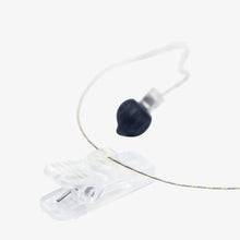 In-ear monitor earbud with black housing and clear cable, shown with ear tip