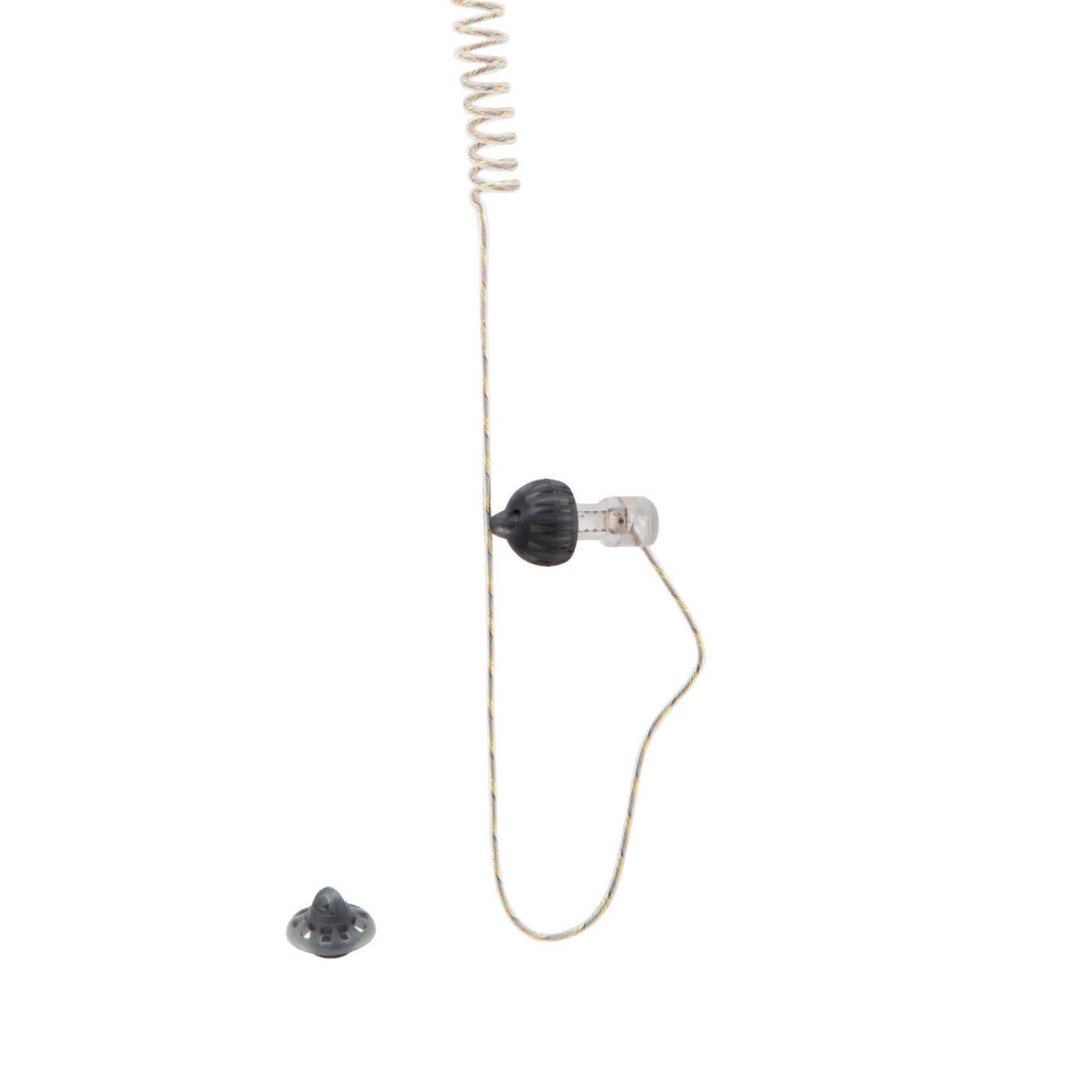 In-ear monitor earbud with black housing and curly spring-style white cable