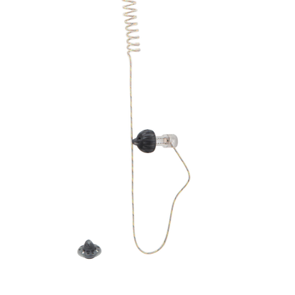 In-ear monitor earbud with black housing and curly spring-style white cable