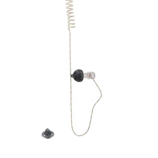 In-ear monitor earbud with black housing and curly spring-style white cable
