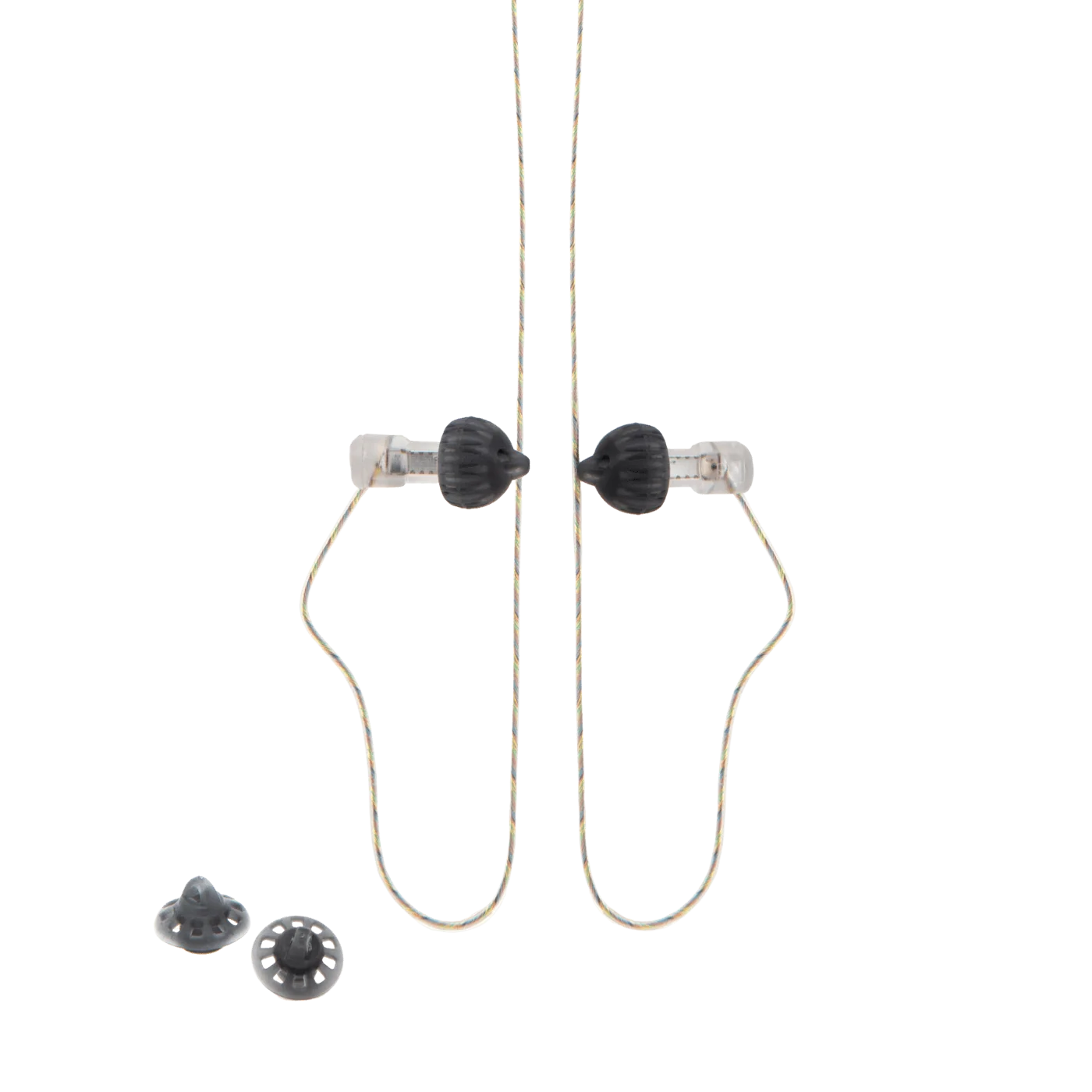 In-ear monitor earbuds with black housings and straight white cable, plus spare tips