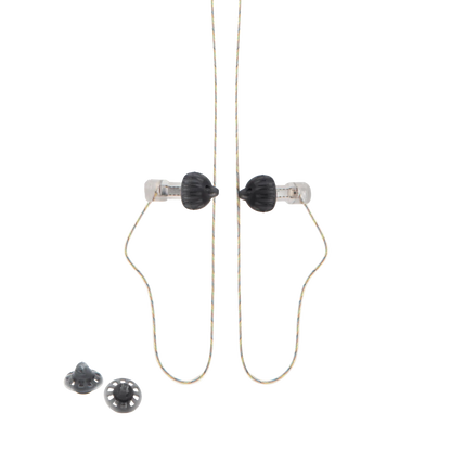 In-ear monitor earbuds with black housings and straight white cable, plus spare tips