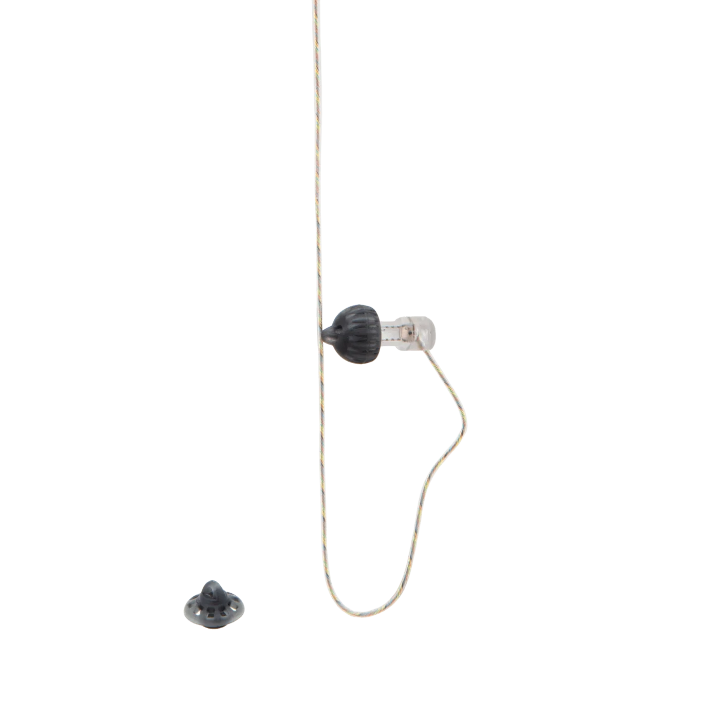 In-ear monitor earbud with black housing and straight white cable, with replacement tip