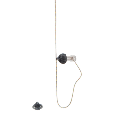 In-ear monitor earbud with black housing and straight white cable, with replacement tip