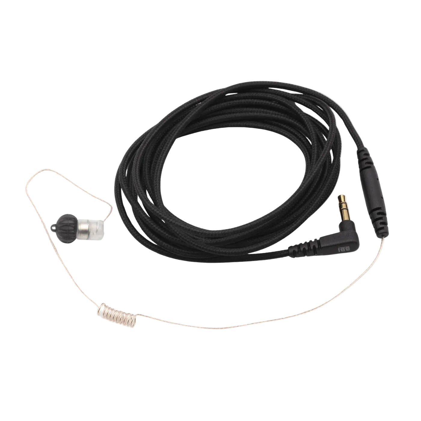 Broadcast earpiece cable with 3.5mm plug, inline mic, and black cord