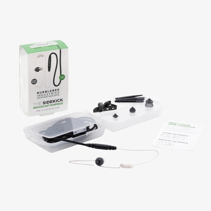 Broadcast earpiece kit with earpiece, cable, ear tips, and instruction papers