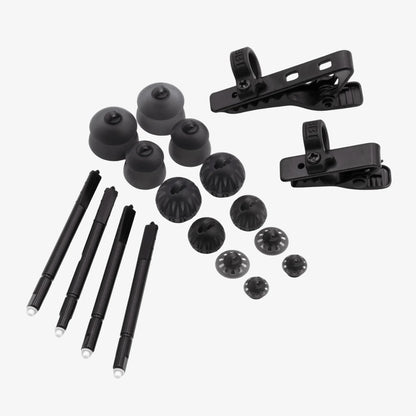 Black broadcast earpiece spares: mounting clips, spare tips, and earbud posts