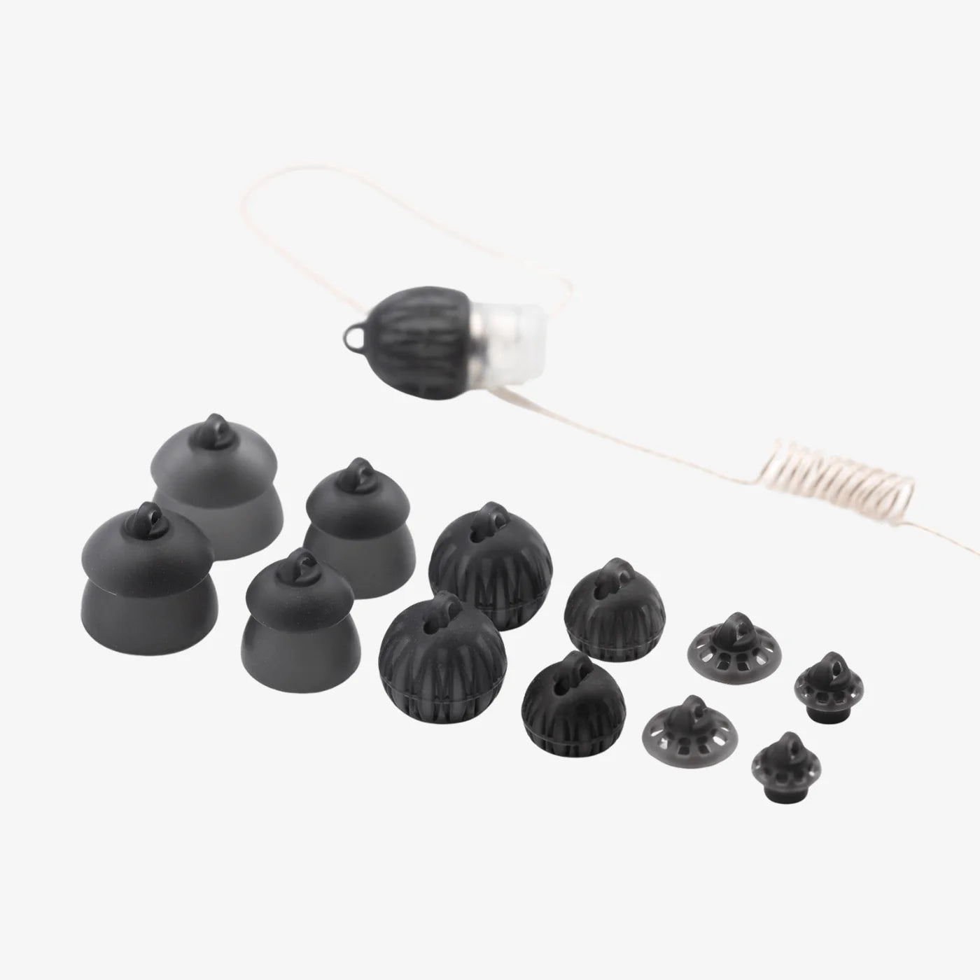 Black earpiece spare tips and caps assortment with small connecting parts