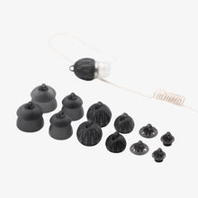 Black earpiece spare tips and caps assortment with small connecting parts