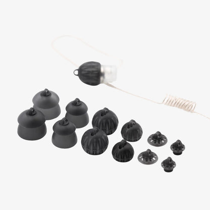 Black earpiece spare tips and caps assortment with small connecting parts