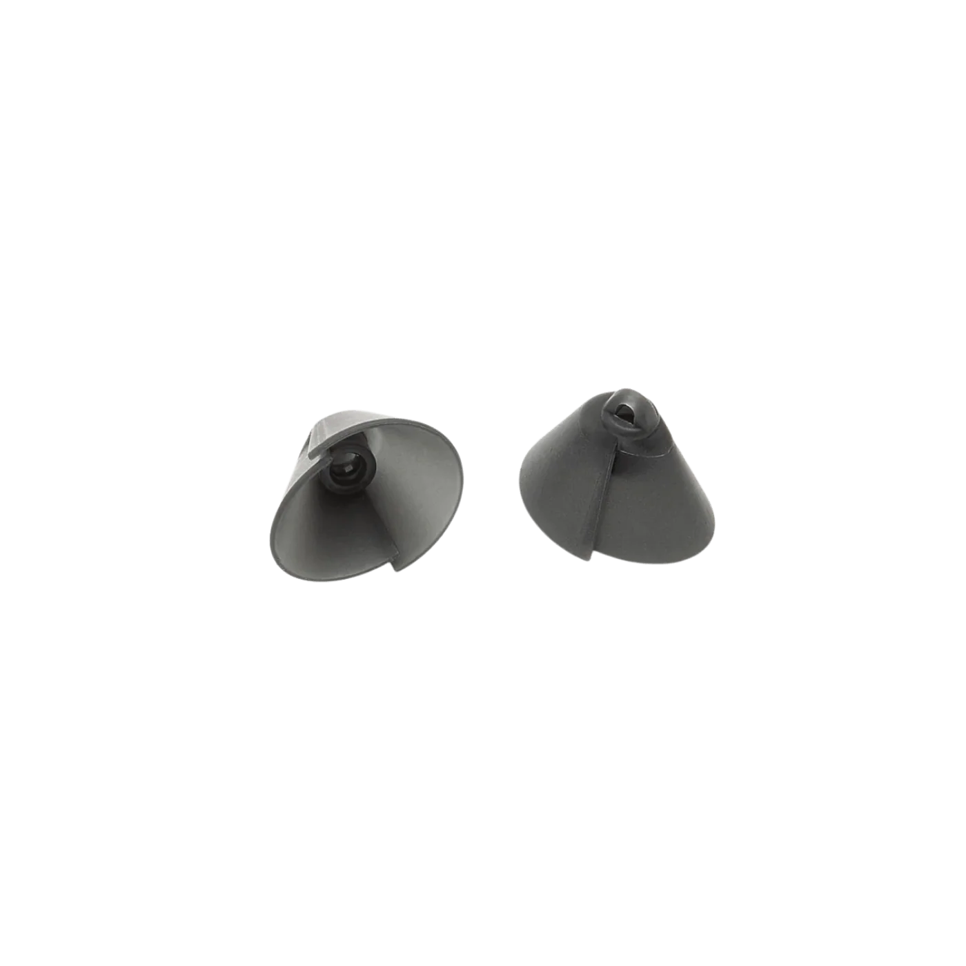 Gray silicone eartips, cone/cowbell-style shape with central stem and opening