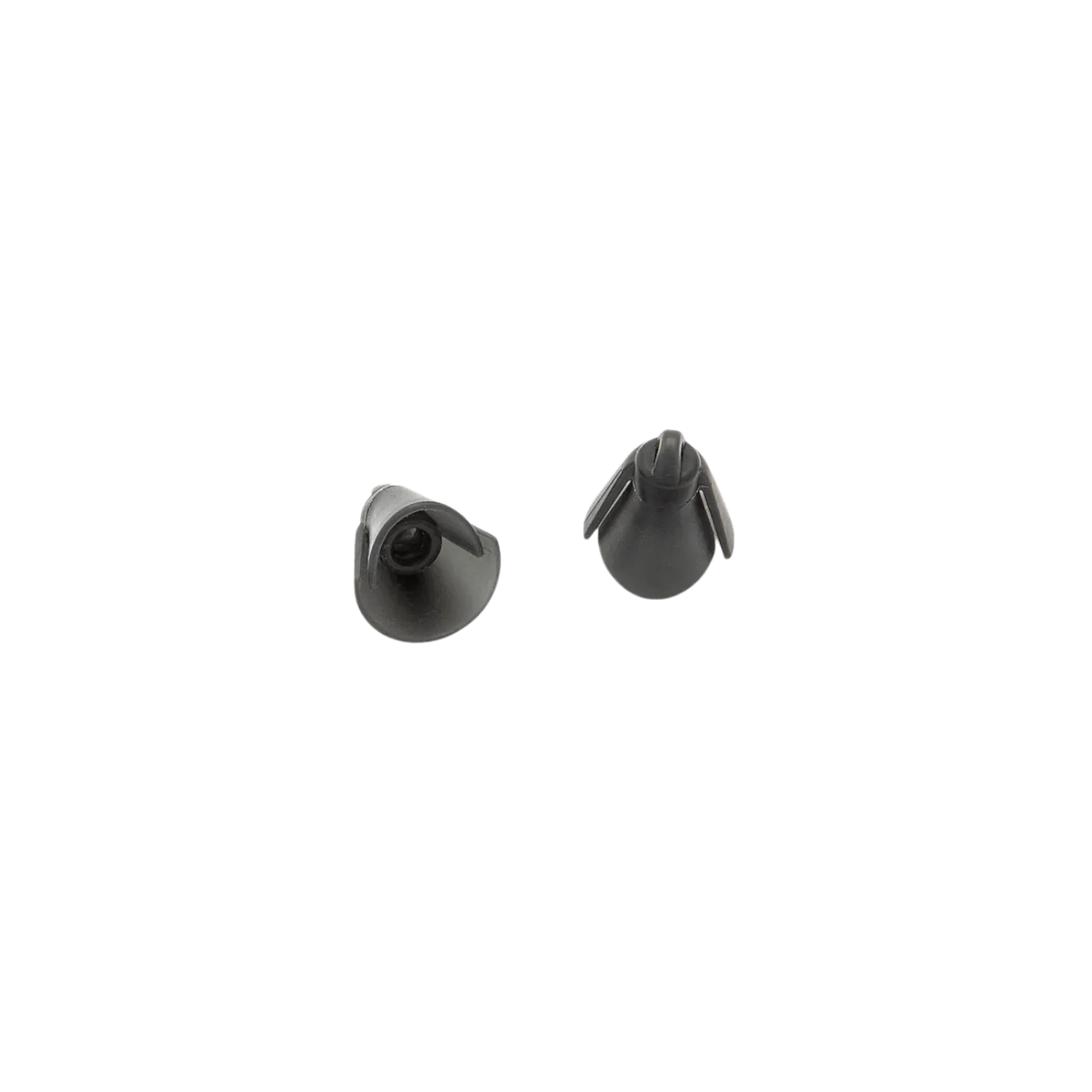 Dark gray silicone eartips, cone/cowbell-style shape with central stem