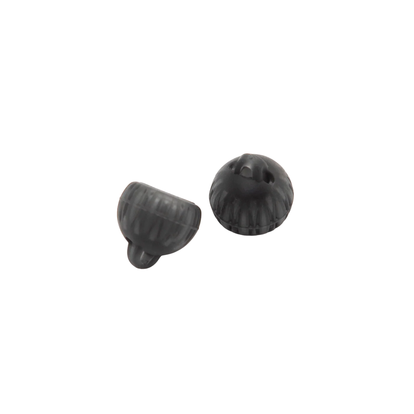 Black silicone eartips, ridged dome and capped cylinder shape with central stem