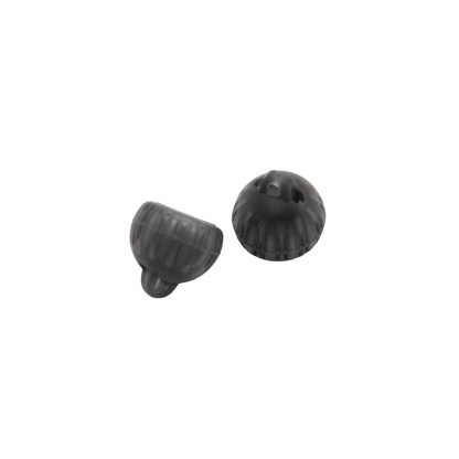 Black silicone eartips, ridged dome and capped cylinder shape with central stem