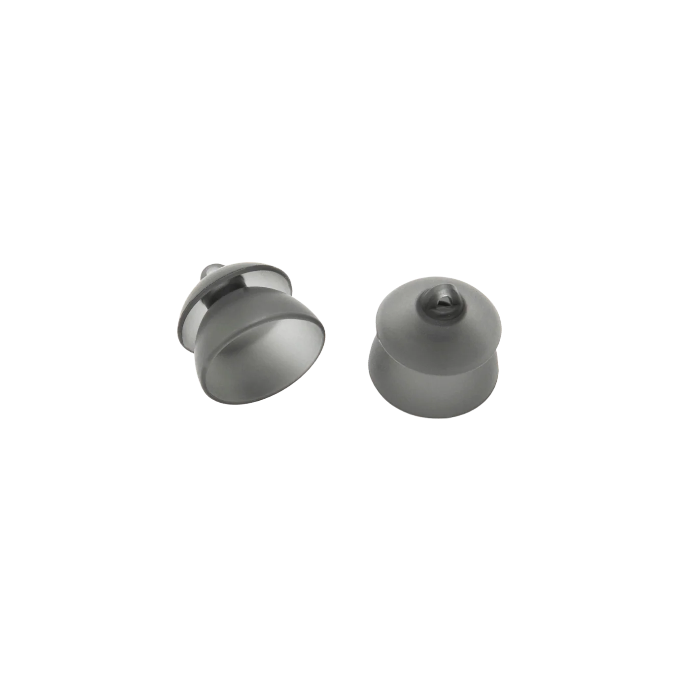 Gray silicone eartips, one rounded cup and one dome shape with central nozzle