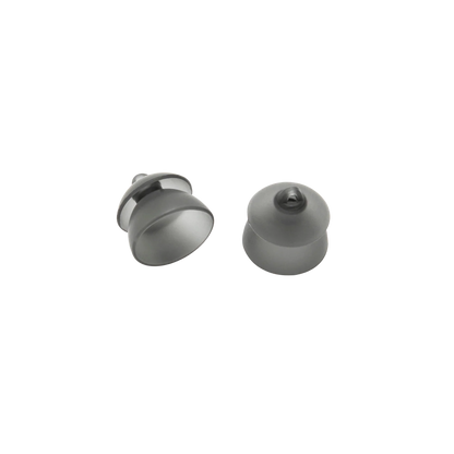 Gray silicone eartips, one rounded cup and one dome shape with central nozzle