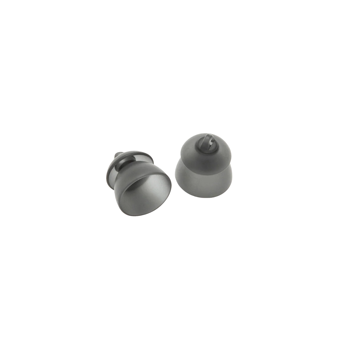 Light gray silicone eartips, rounded cup and dome shapes with central openings