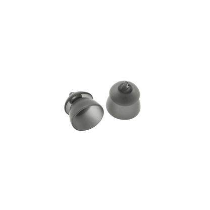Light gray silicone eartips, rounded cup and dome shapes with central openings