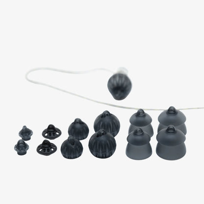 Sidekick spares kit includes black silicone ear tips on a white string