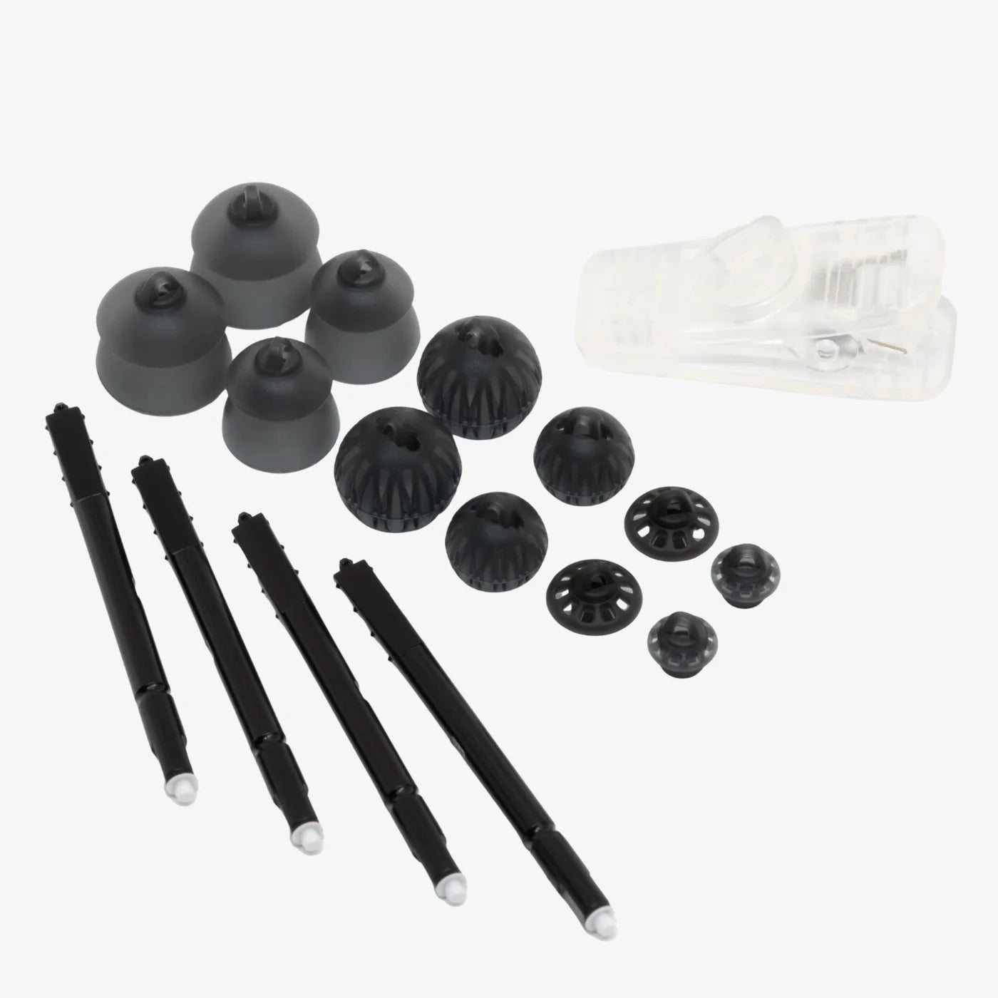 Sidekick spares kit parts: black caps, tips, and rods with clear storage case