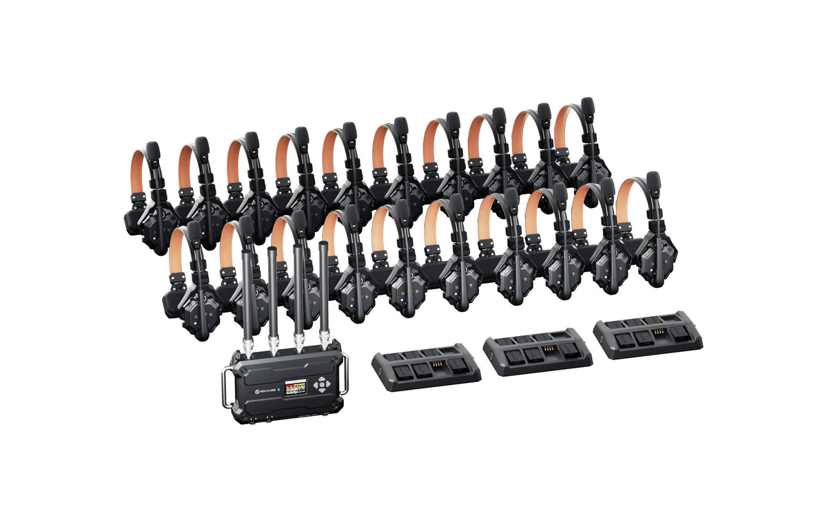 Roaming hub intercom kit with headset transceivers and charging docks