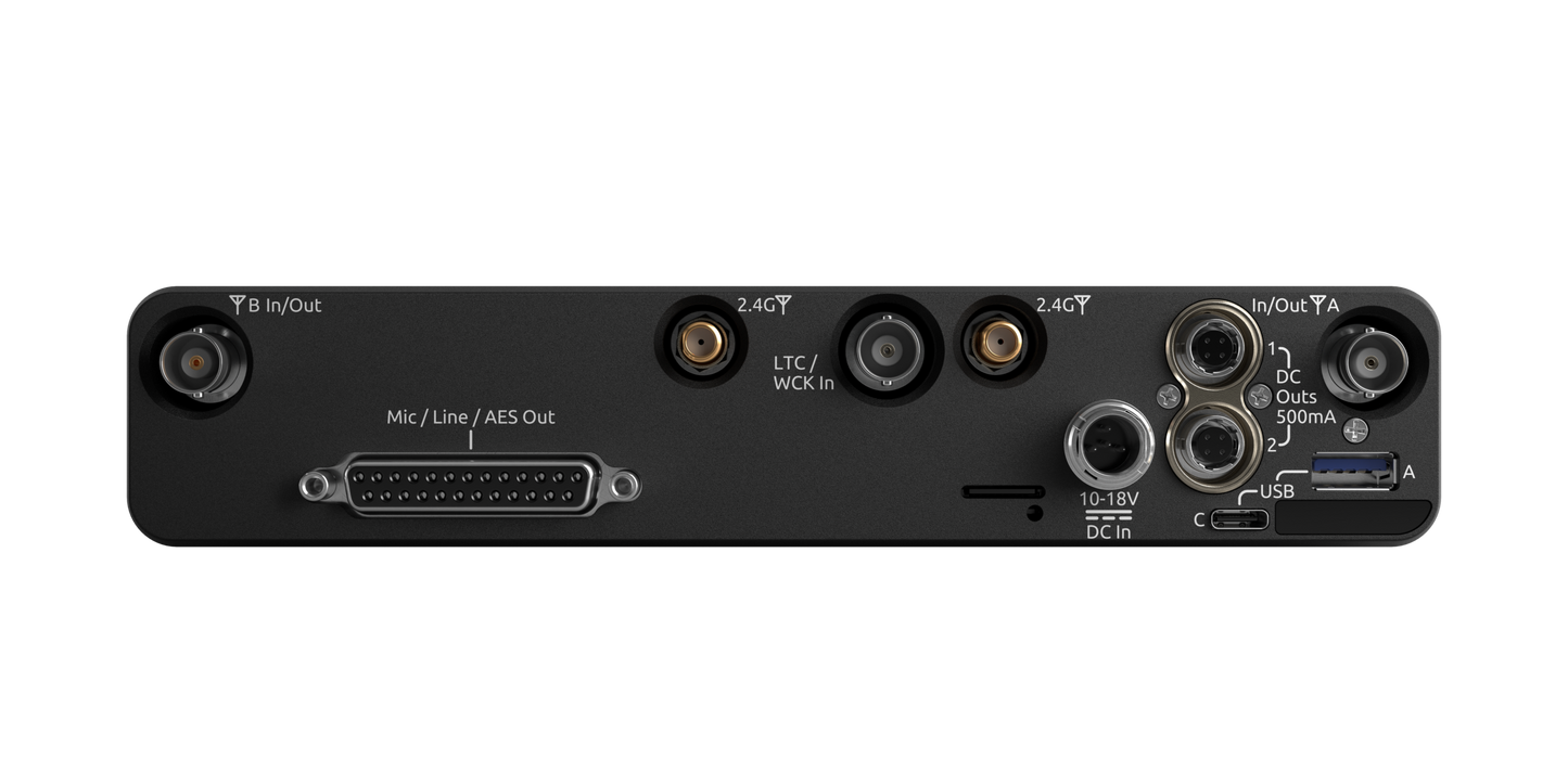 Audio interface rear panel with ports, connectors, and power input