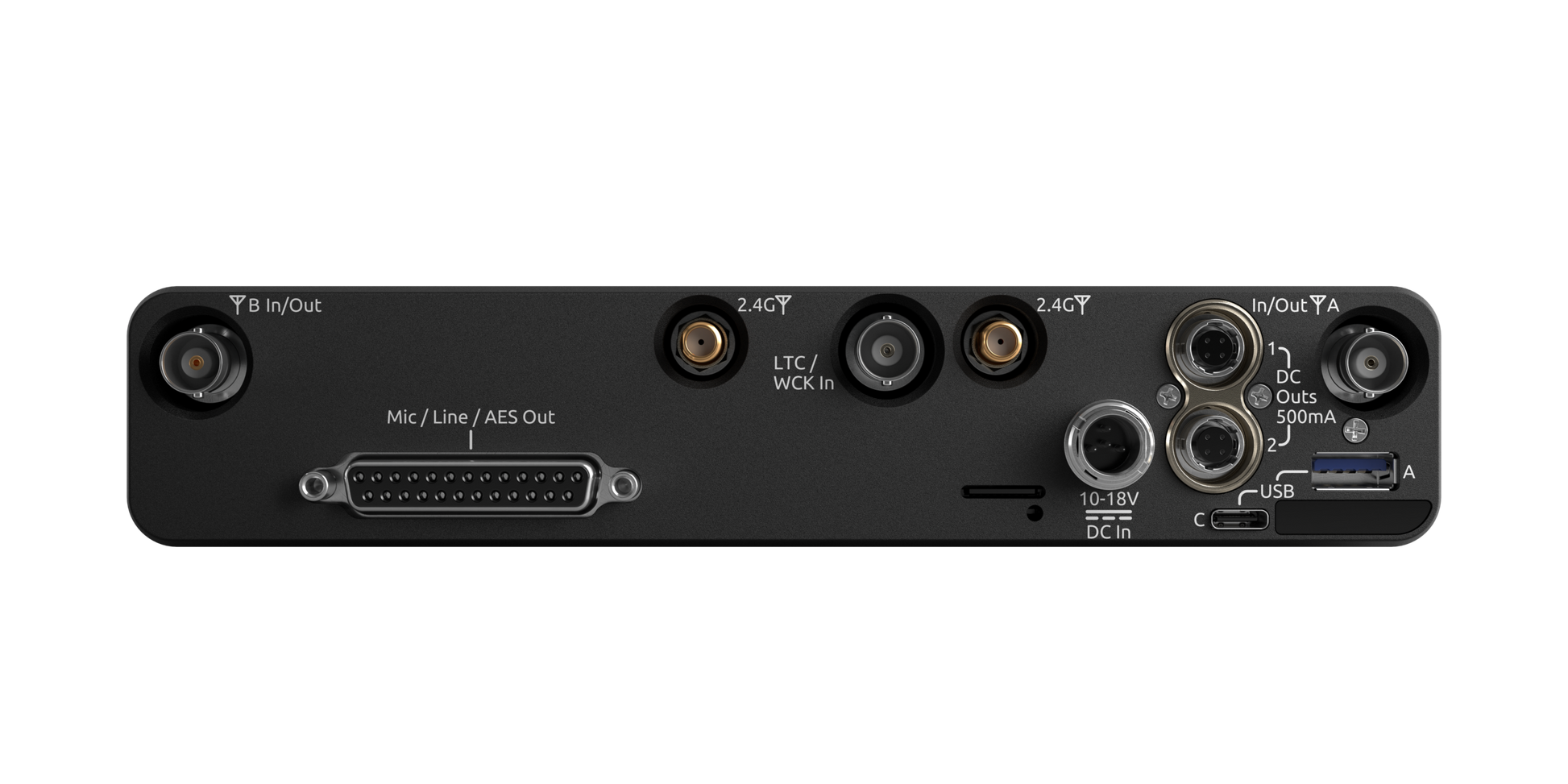 Audio interface rear panel with ports, connectors, and power input