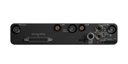 Audio interface rear panel with ports, connectors, and power input