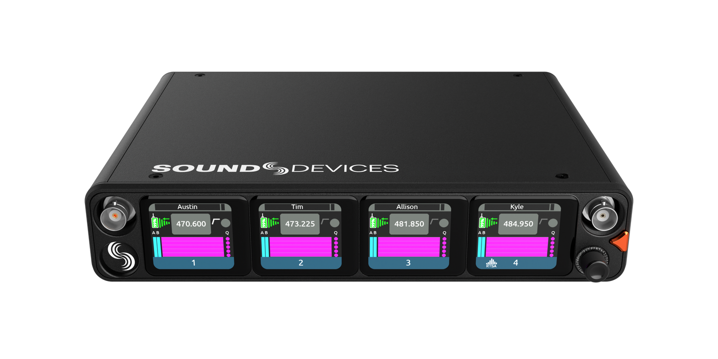 Audio interface front panel with four color displays, meters, and control knobs