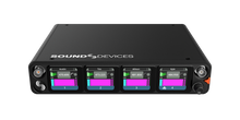 Audio interface front panel with four color displays, meters, and control knobs