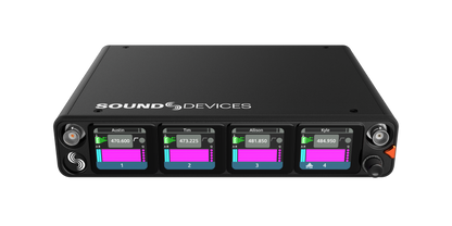 Audio interface front panel with four color displays, meters, and control knobs