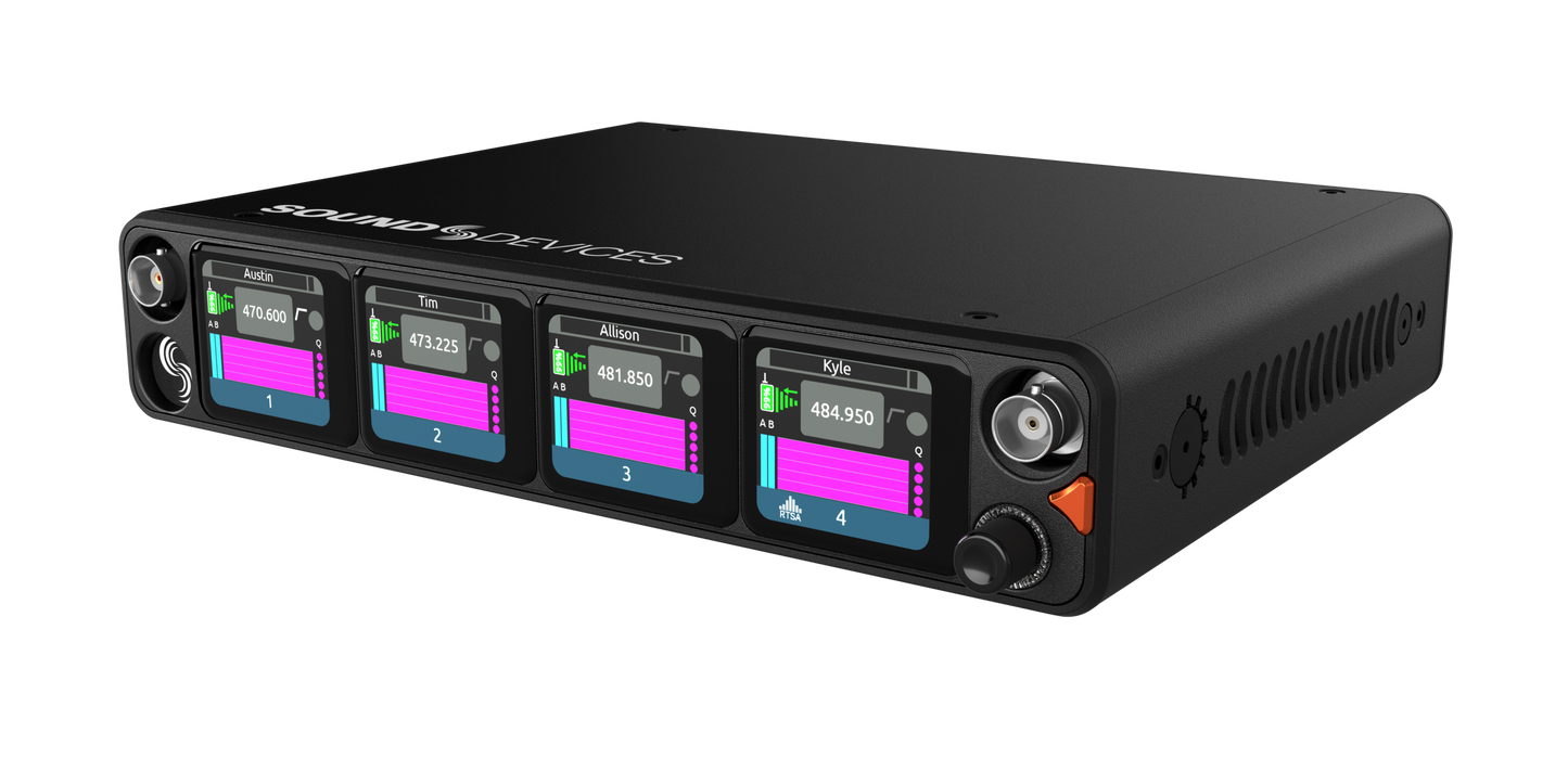 Audio interface front and side view with four displays and rotary control