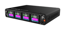 Audio interface front and side view with four displays and rotary control