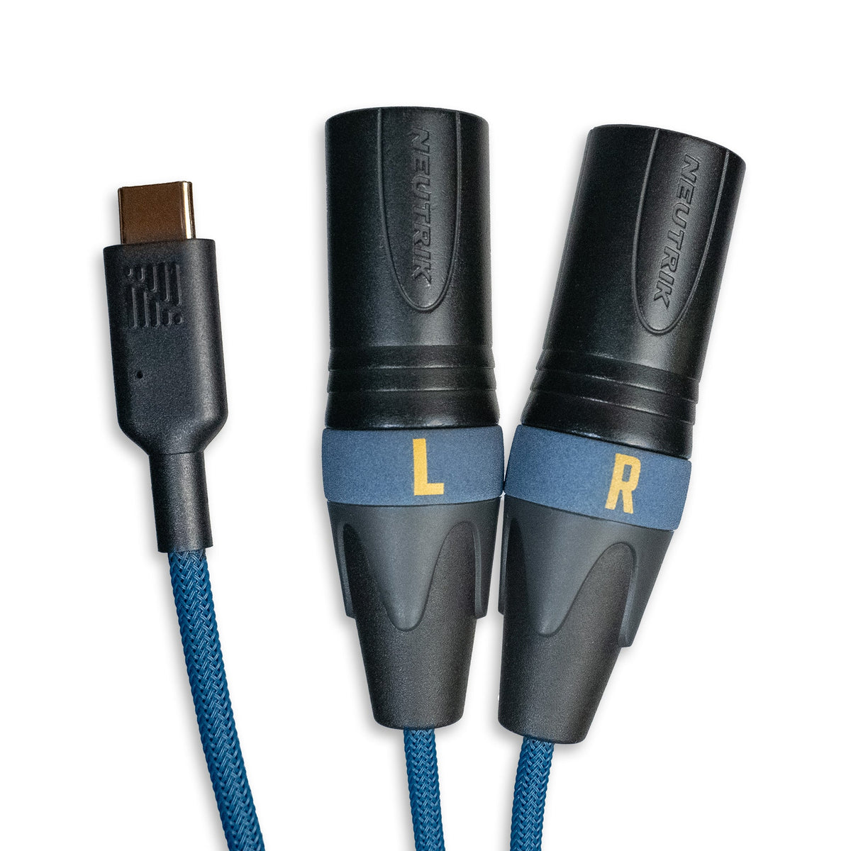 Two black audio connectors labeled L and R with blue braided leads and gold plug