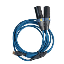 Blue braided cable bundle with two black connector ends and a black plug