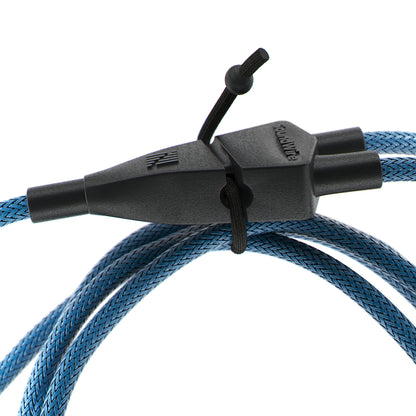 Black inline splitter adapter with three blue braided wires and tie straps